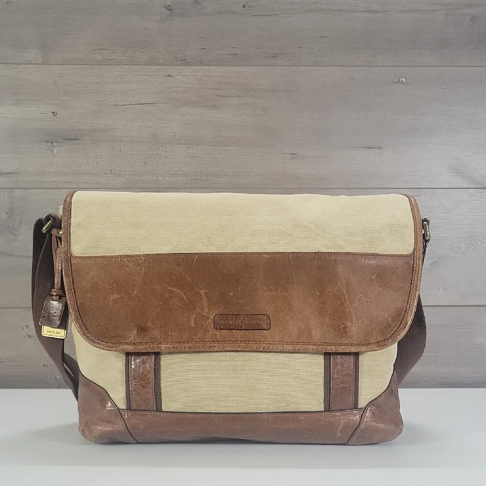 Frye Distressed Canvas and Leather Messenger Bag in Beige and Brown - Men
